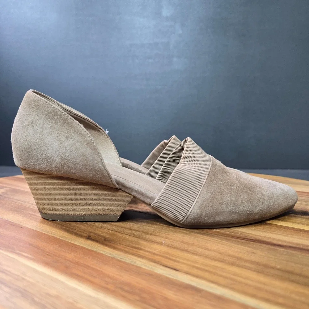 Eileen Fisher Wedge Pumps Womens 8.5 Taupe Suede dOrsay Elastic Strap Minimalist